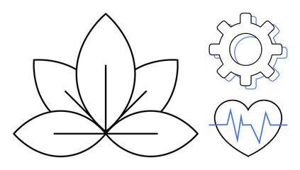 Lotus flower, gear symbol, and heart with pulse line emphasize wellness, innovation, and health. Ideal for healthcare, technology, self-care, mindfulness progress balance simple flat metaphor