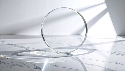 Floating Glass Torus with Light Reflections on White Surface