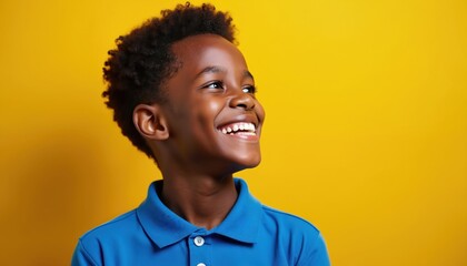 Obraz premium Happy young black boy in blue polo shirt smiles wide, looking up against bright yellow background. Shows pure joy, hopeful expression. Cheerful moment of childhood happiness, radiating positive