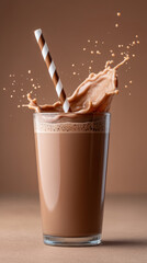 Splashing chocolate milkshake in glass with striped straw on brown background
