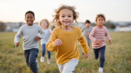 Fototapeta premium Children enjoying outdoor tag game after school adventure