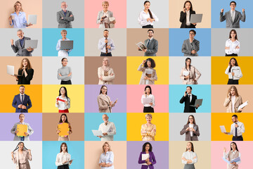 Collage of many different business people on color background