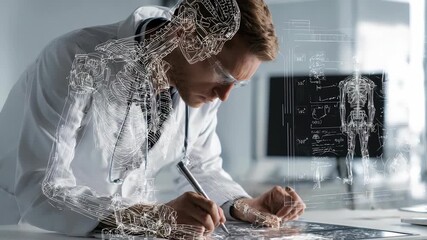 A medical professional analyzes digital skeletal blueprints, representing the integration of artificial intelligence in healthcare. The scene highlights innovation and future medical diagnostics - Powered by Adobe