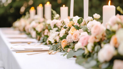 Elegant summer wedding tablescape with floral garland and candlelit ambiance