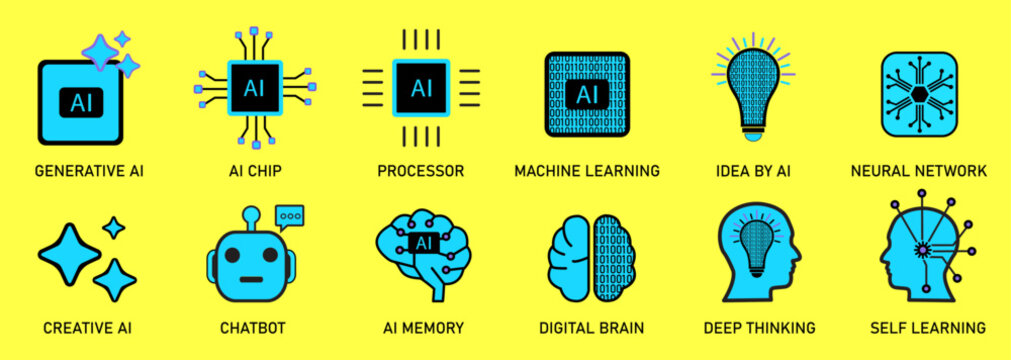 Cyan coloured Artificial Intelligence icon set. vector illustration contains Generative AI, AI chip, Processor, neural network, chatbot, self-machine learning, robot brain, idea bulb sign( Isolated)