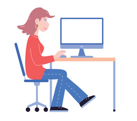 Office or freelancer girl or young woman designer working with the blank computer monitor screen illustration isolated vector flat design