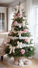 Elegant coquette-inspired christmas tree with feminine lace and bows for home decoration