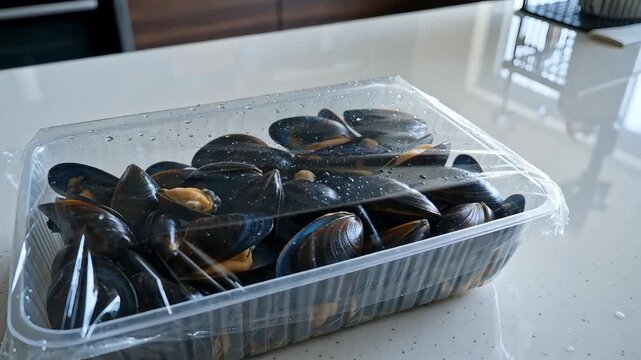 Raw fresh blue mussels in transparent plastic container ready for cooking on kitchen counter in bright light