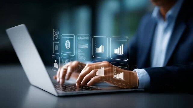 Professional male using laptop, interacting with transparent digital interface icons for business analytics, technology solutions. Futuristic office environment with innovation, productivity focus - Powered by Adobe