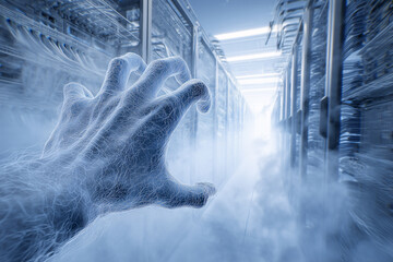 Gloved Hand Reaching Toward Floating Network Topology In High-Security Data Center, LED Server Racks, Chilled Mist, Structured Cabling, Enterprise Infrastructure, Cloud Computing