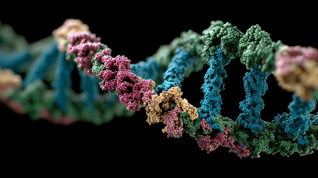 A molecular visualization of Zinc Finger Nuclease (ZFN) domains gripping a DNA helix, a gene editing tool.
