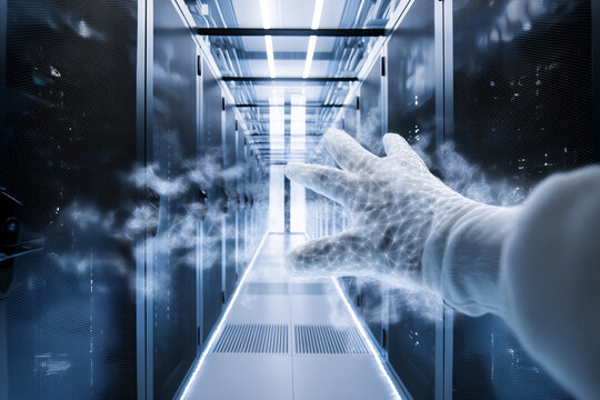 Gloved Hand Reaching Toward Floating Network Topology In High-Security Data Center, LED Server Racks, Chilled Mist, Structured Cabling, Enterprise Infrastructure, Cloud Computing