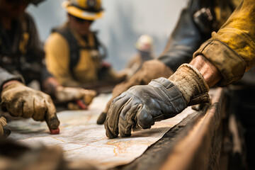 Wildland Firefighters Joining Puzzle Pieces Over Fireline Map, Emergency Response Collaboration, Incident Command Teamwork, Strategy And Planning, Wildfire Operations, Safety Coordination