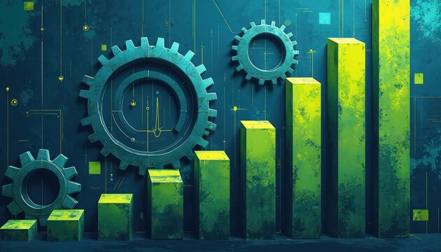 Illustration of agile process. Gears symbolize teamwork collaboration. Charts represent improvement, growth. Colors include blue green business strategy. Design focuses on innovation for corporate