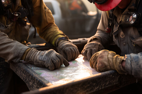 Wildland Firefighters Joining Puzzle Pieces Over Fireline Map, Emergency Response Collaboration, Incident Command Teamwork, Strategy And Planning, Wildfire Operations, Safety Coordination