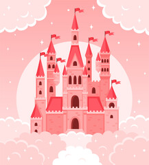 Fototapeta premium Pink princess castle in clouds and stars.