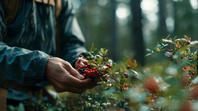 Close up of hands picking fresh berries in a vibrant forest, surrounded by natural greenery. The image captures the essence of foraging, outdoor adventure, and eco friendly lifestyles