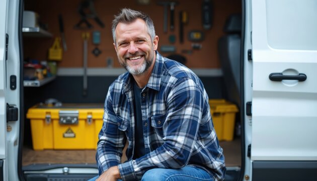 Smiling professional auto mechanic sits in a van. Man in flannel shirt posing near tools. Happy repairman looks at camera. Technician with tools inside the vehicle.