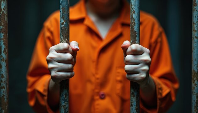 Person in bright orange uniform grabs old rusty prison bars. Individual locked inside dark jail cell, confinement, lost freedom, crime, justice, severe punishment. Image represents harsh reality of