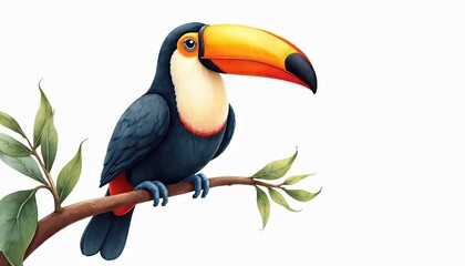 Fototapeta premium Digital artwork shows cartoon toucan sitting on branch. Bird black plumage, white neck, large yellow orange beak. Illustration with toucan on clean white backdrop. Exotic bird wildlife concept for