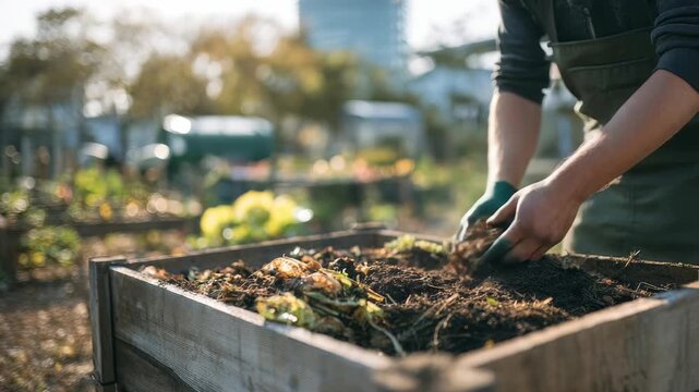 Hands in gloves are seen working with compost and soil in a wooden raised bed, surrounded by greenery and blurred cityscape. The image captures eco friendly urban gardening and organic farming methods