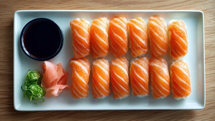 Fresh Salmon Sushi Nigiri Set with Soy Sauce, Wasabi, and Pickled Ginger &ndash; Japanese Cuisine