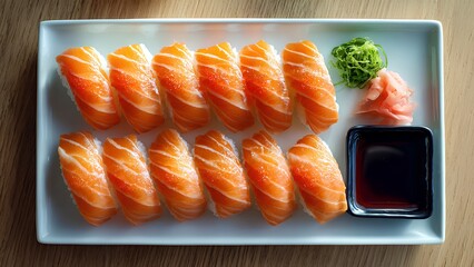 Fresh Salmon Sushi Nigiri Set with Soy Sauce, Wasabi, and Pickled Ginger &ndash; Japanese Cuisine
