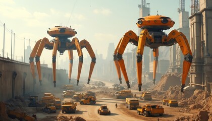 Robotic machines work at urban construction site. Heavy machinery vehicles stand in dusty industrial zone. Future equipment assembles buildings. Modern city under development with giant robotic