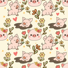 Repeat Seamless pattern of cute pig, seamless pattern cartoon pig. cute animal wallpaper for fabric print, gift wrap paper, cute animal illustration, Pattern seamless vector illustration. 