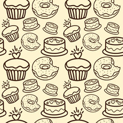 Pastry, sweet bakery seamless pattern with baked goods. Confectionery baking design. foods seamless pattern background vector illustration, A hand-drawn pattern of sweets