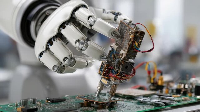 Close up robotic hand using tools to solder microchips onto green circuit board, showcasing cutting edge robotics technology. This highlights future smart factories, automated production