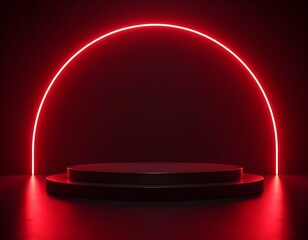 Dark Podium Scene Illuminated by Glowing Red Arcs and Reflections