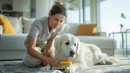A caring woman grooms her fluffy white dog with a brush, highlighting daily pet care routines at home. The bright living room and relaxed pet emphasize comfort, love, and responsible pet ownership