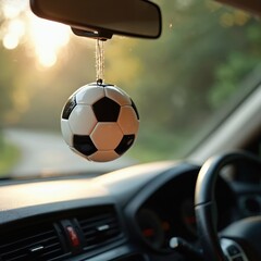 Soccer ball charm hangs from car rearview mirror. Golden light bathes interior dashboard, steering wheel. Air vents visible. Road trip mood. Football fan shows passion, auto accessory. Driving,