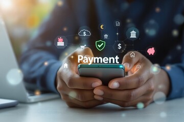 Close-up of hands holding smartphone with digital payment interface and financial icons, futuristic graphic style, blurred background, concept of fintech. Ai generative