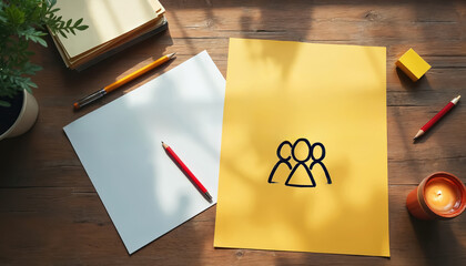 Top view shows document with group icon on desk. Workplace with office supplies. Concept represents teamwork collaboration diversity community cooperation inclusion unity resource management.
