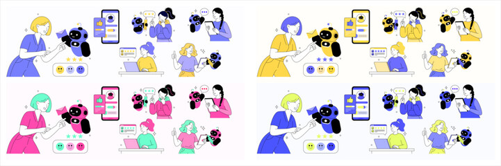 Flat vector set showing people and a chatbot collecting surveys and feedback through phones and computers. Includes four colorful design variations for business and tech projects.