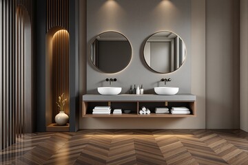 Elegant bathroom scene with twin sinks, circular mirrors, wood flooring, and ambient lighting on a neutral background. Concept of modern interior. Ai generative