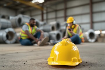 Yellow hard hat on ground in focus, injured worker and colleague blurred in industrial warehouse background, concept of safety accident at workplace, Ai generative