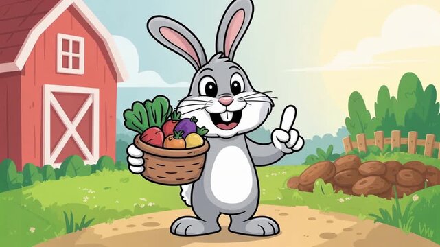 Rabbit teeth cartoon smiling and holding basket of vegetables on farm