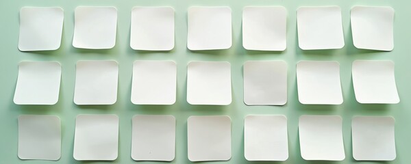 Top view of square white paper stickers with curved edges on green background. Blank labels arranged in rows. Empty note pads ready for adding text.