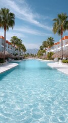 Fototapeta premium Serene Resort Pool Lined with Palm Trees Under a Clear Blue Sky Reflecting White Buildings and Distant Mountains on a Sunny Day