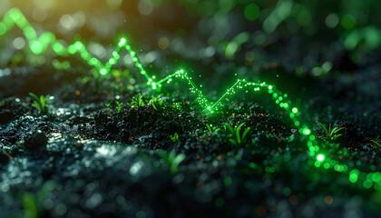Growth Trajectory: A dynamic digital visualization of growth unfolds against a backdrop of fertile earth, representing expansion and progress. 