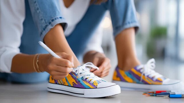 Close up of hands drawing vibrant designs on canvas shoes, showcasing unique personal style and creativity. Artistic customization of footwear highlights contemporary fashion and self expression