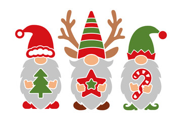 Three funny Christmas gnomes vector illustration. Santa, deer and elf gnome. Cute design for prints, invitations, greeting cards, banners, posters. Template for plotter cutting