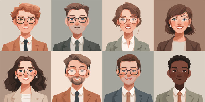 Variedade de rostos sorridentes em estilo vetor, ideal para comunica&ccedil;&atilde;o empresarial e representa&ccedil;&atilde;o de equipes globais.