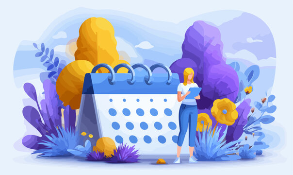 Cen&aacute;rio vetorial vibrante com mulher organizando compromissos em um calend&aacute;rio gigante, cercada por folhagens e flores, representando planejamento e produtividade.