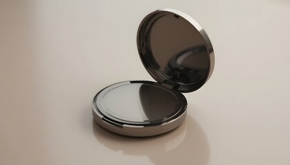 Elegant silver makeup compact with mirror, perfect for beauty product ads and cosmetic branding campaigns, providing a sophisticated touch and luxurious feel