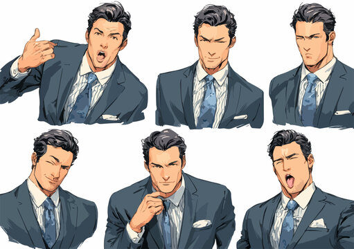 Retratos vetoriais de um homem de neg&oacute;cios elegante exibindo uma gama din&acirc;mica de emo&ccedil;&otilde;es e posturas profissionais.