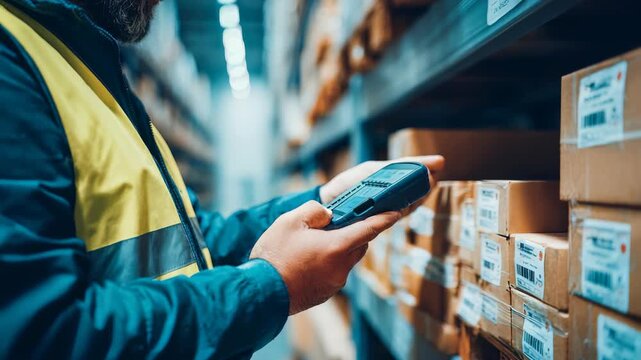 A logistics employee efficiently tracks packages with a barcode scanner in a large warehouse aisle. Advanced inventory control ensures accurate order fulfillment and optimized warehouse workflow
